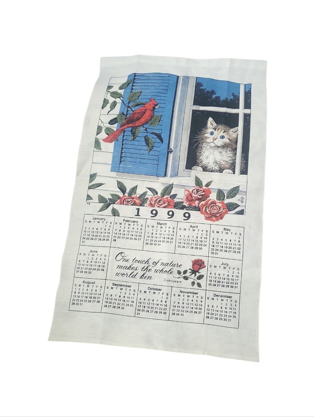 Vintage 1999 Kitty & Red Cardinal Linen Tea Towel Calendar